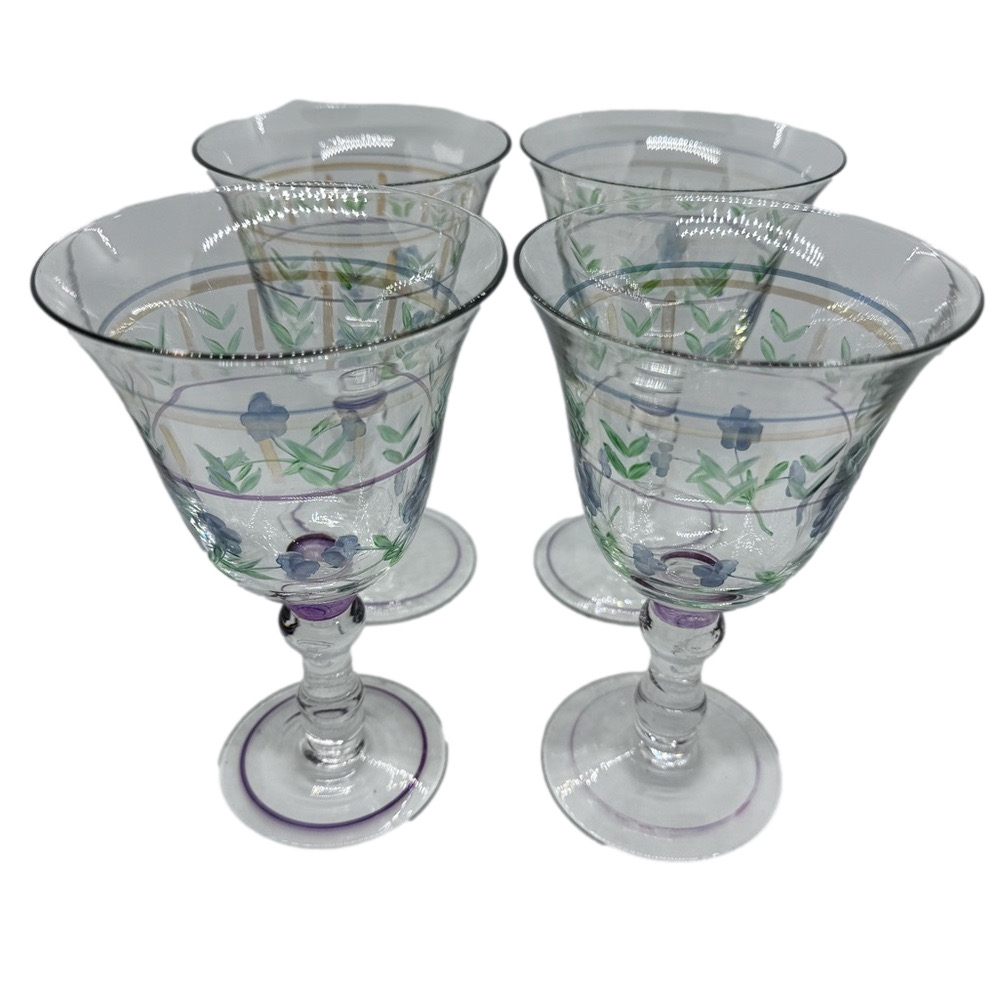 4 Hand Blown & Hand Painted Water Goblets